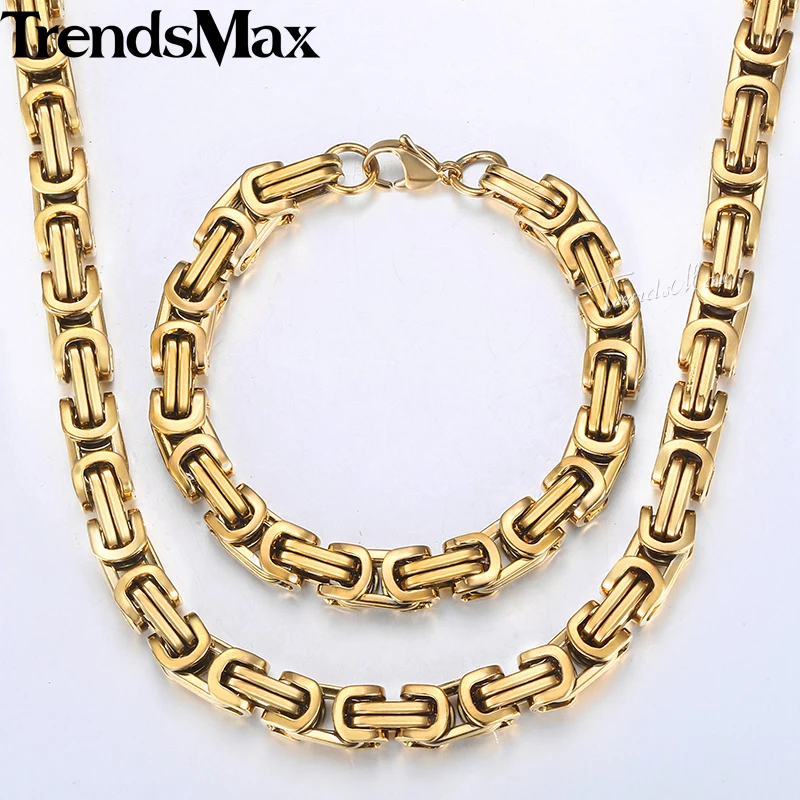 8mm Stainless Steel Bracelet Necklace Set For Men Boys Gold Color Byzantine Box Chain Jewelry Sets Hip Hop Male KKS55 | Украшения и