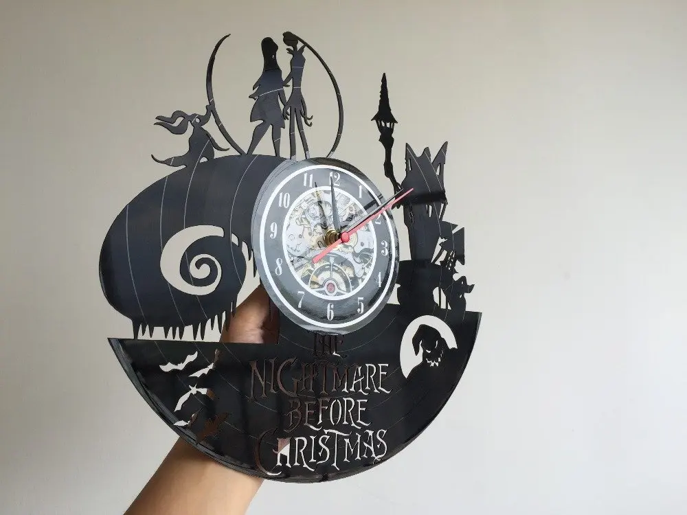 Lovinland Wall Clock Vintage 30cm 12 inch Jack and Sally Nightmare Before Christmas Vinyl Record CD 3D Antique | Дом и сад