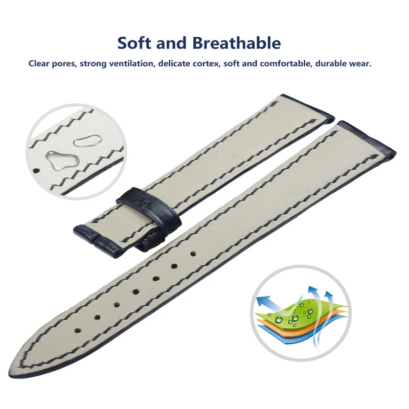 ZLIMSN Black Crocodile Leather Watch Bands 22mm Circle Pattern Luxury Strap for Men and Women 12mm-26mm Can be Customized Size