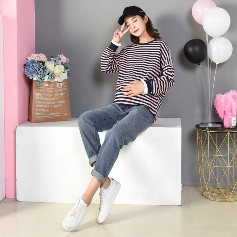 856 # демисезонные джинсовые прямые брюки для беременных с высокой талией