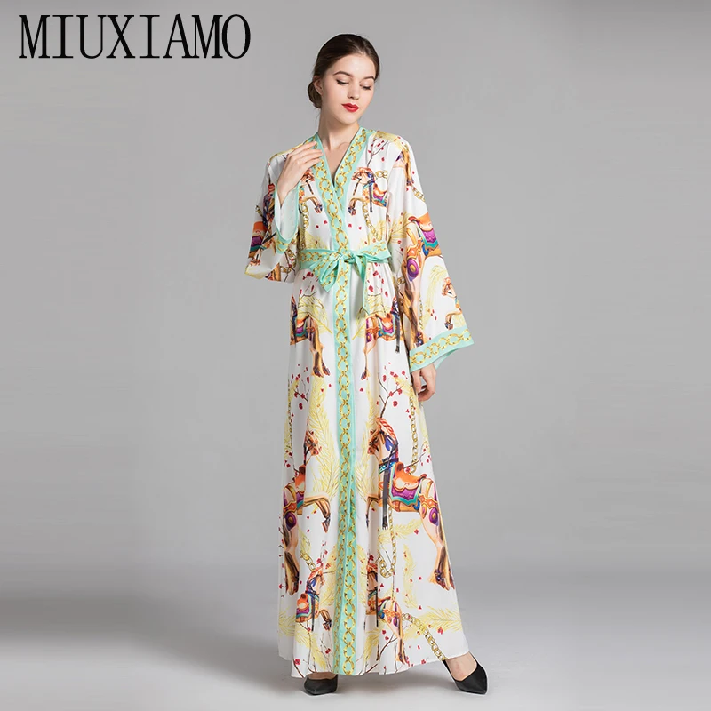 

MIUXIMAO 2019 Spring &Summer Casual floral Loose Maxi dress And Horse Printed Ankle-Length Long Dress Women vestido With Belt