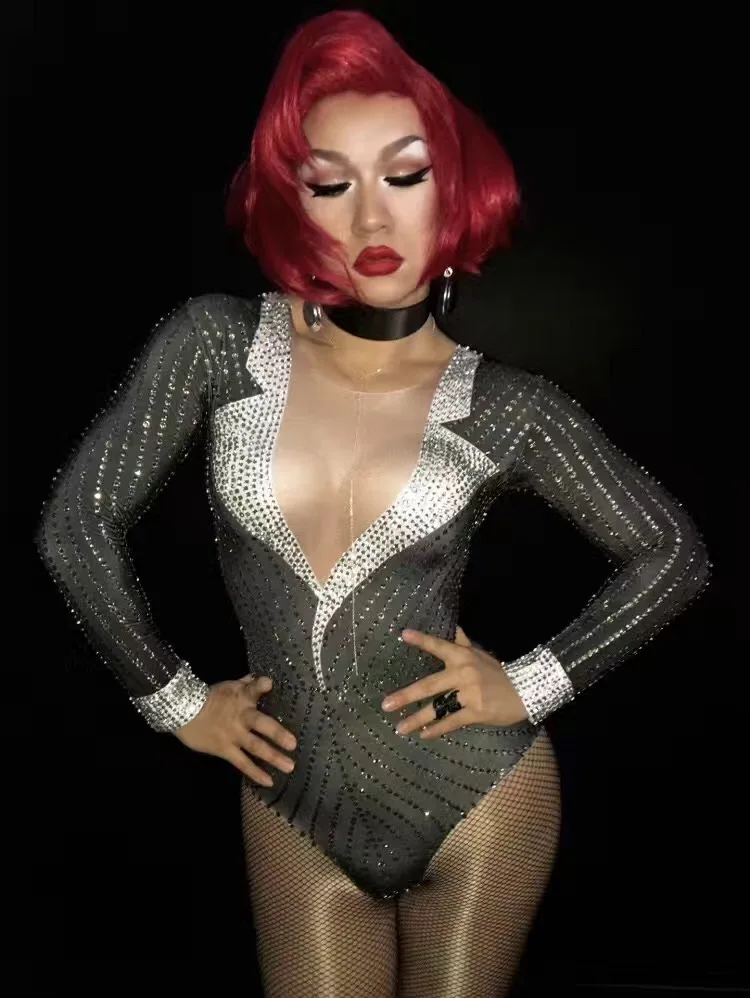 Sexy V-collar Full Diamond Bodysuit Bar nightclub Female DJ Singer DS costumes Stage Pole dancing jazz performance dance suits