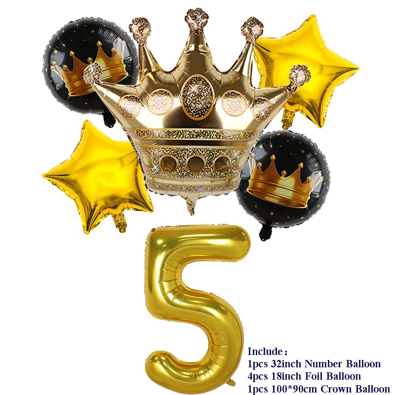 5pcs 30 inch Gold Number Foil Balloons Gold Crown 0-9 Digit Air Ballon Kids Birthday Party Decorations Anniversary Supplies Ball