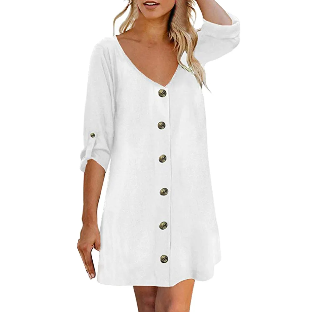 Летнее платье женское с рукавом 3/4 треугольным вырезом на кнопках повседневное