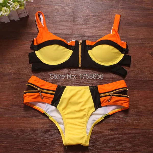 2014 Bandage Bra Padded Bikini Women Swimwear Neon Color Zipper Swimsuit Push Up Bathing Suit Bikinis Set |