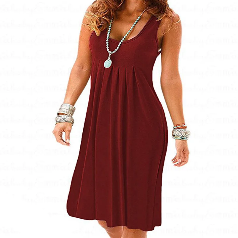 

Women Casual Pleated Ruffles Sleeveless Solid Color Dress U-neck Slim Draped Party Dress Knee Length Dress