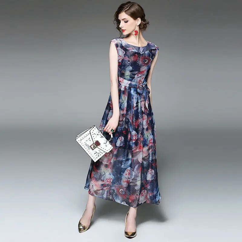 Мода цветочные печатный рукавов круглым воротом кружева dress summer женский