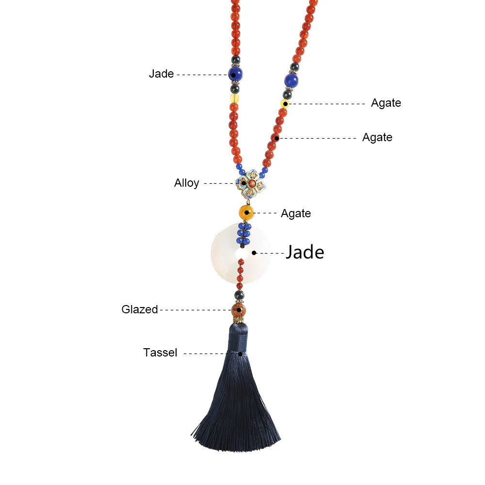 Ethnic Handmade White Ja de Tassel Beads Chain Pendant Necklace Thread Long Stone CL-18114 | Украшения и аксессуары