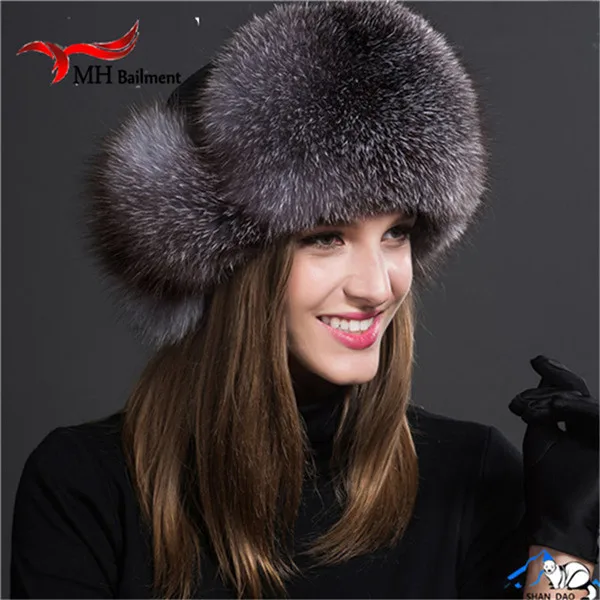 Silver fox Новинка, Россия, хит, шапка из лисьего меха, модная, зимняя, теплая, енот, Бомбер, шапка из лисьего меха с ушками для женщин, толстая и теплая меховая шапка, H#37 - Цвет: Silver fox