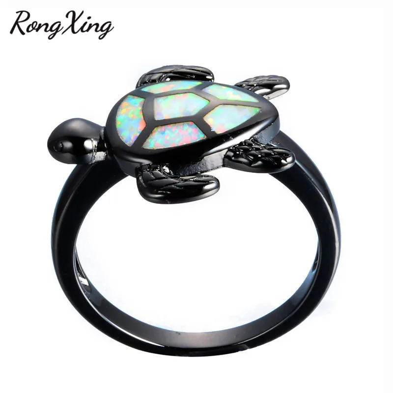 RongXing милые серьги-гвоздики в виде черепахи с белым огненным опалом кольца