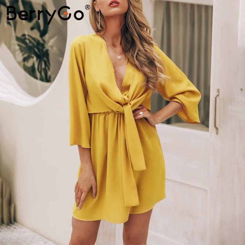 Berrygo сексуальное свободное женское платье с v образным вырезом и высокой талией