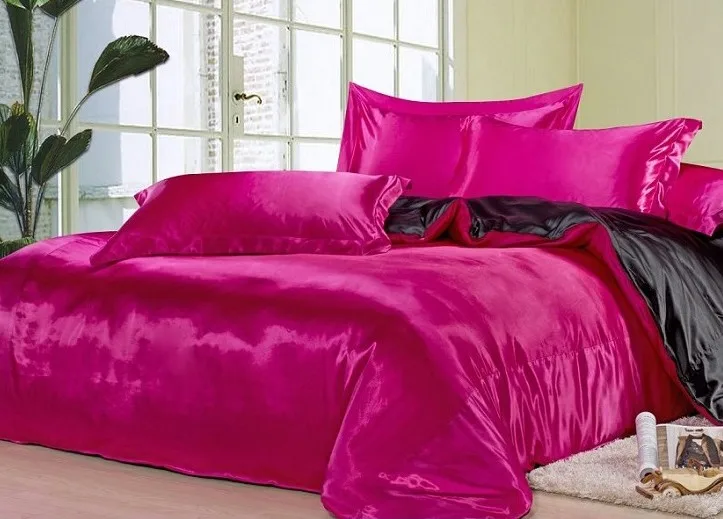 Hot pink Black Золотая шелковая постельные принадлежности сатинировка Роскошная простынь набор постельного белья: пододеяльник, Комплект постельного белья покрывало размер Super King Размер queen ПОЛНЫЙ twin по индивидуальному заказу - Цвет: Hot pink Black