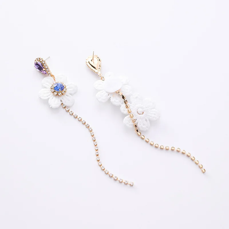 Silver Needle 2018 Korean Girl Simple Lace Flowers Cute Earrings Rhinestone Zircon Tassel for Women Fashion Accessories | Украшения и