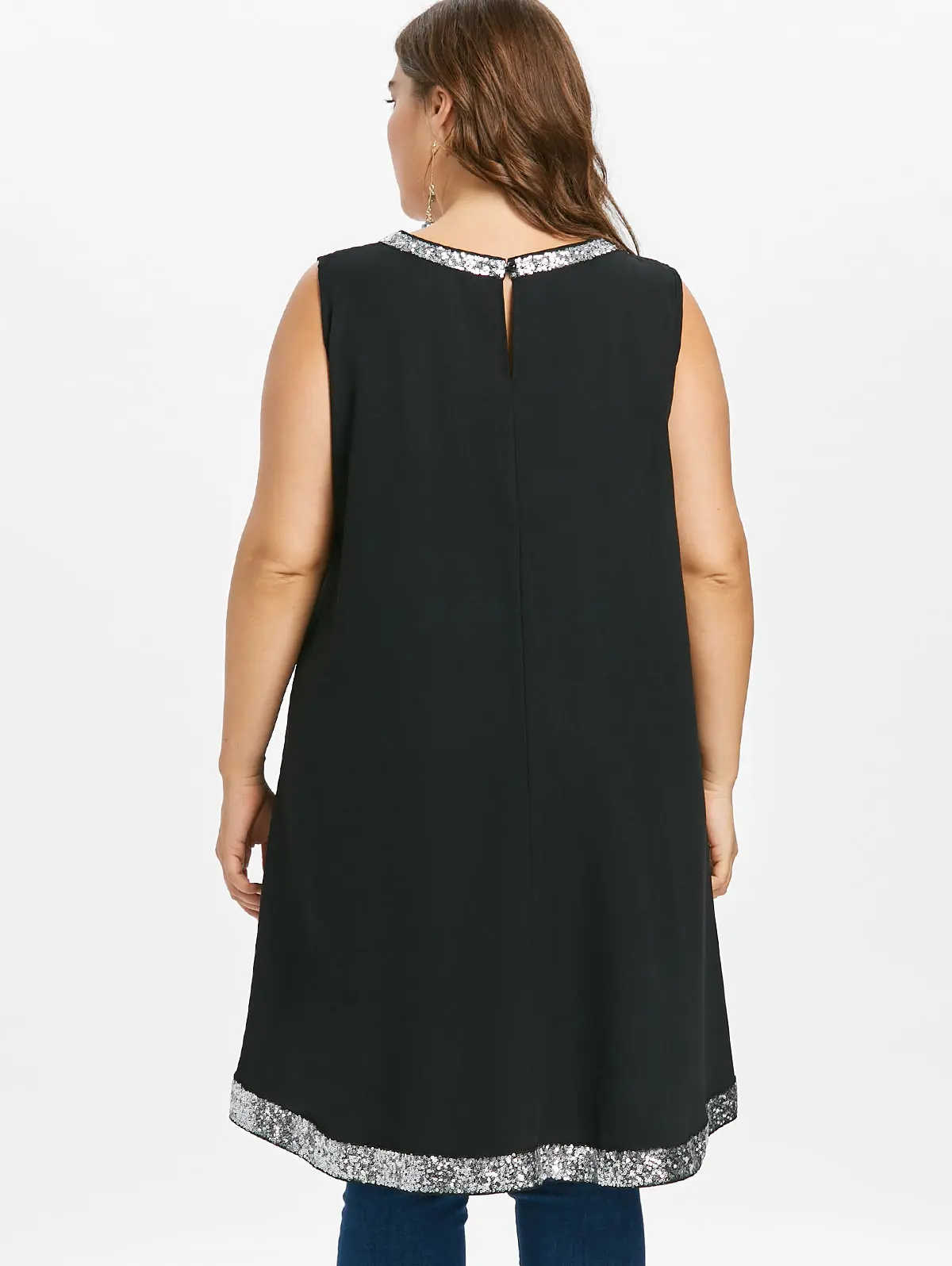 Топ с блестками ROSEGAL Свободный большого размера о-вырезом без рукавов | Женская