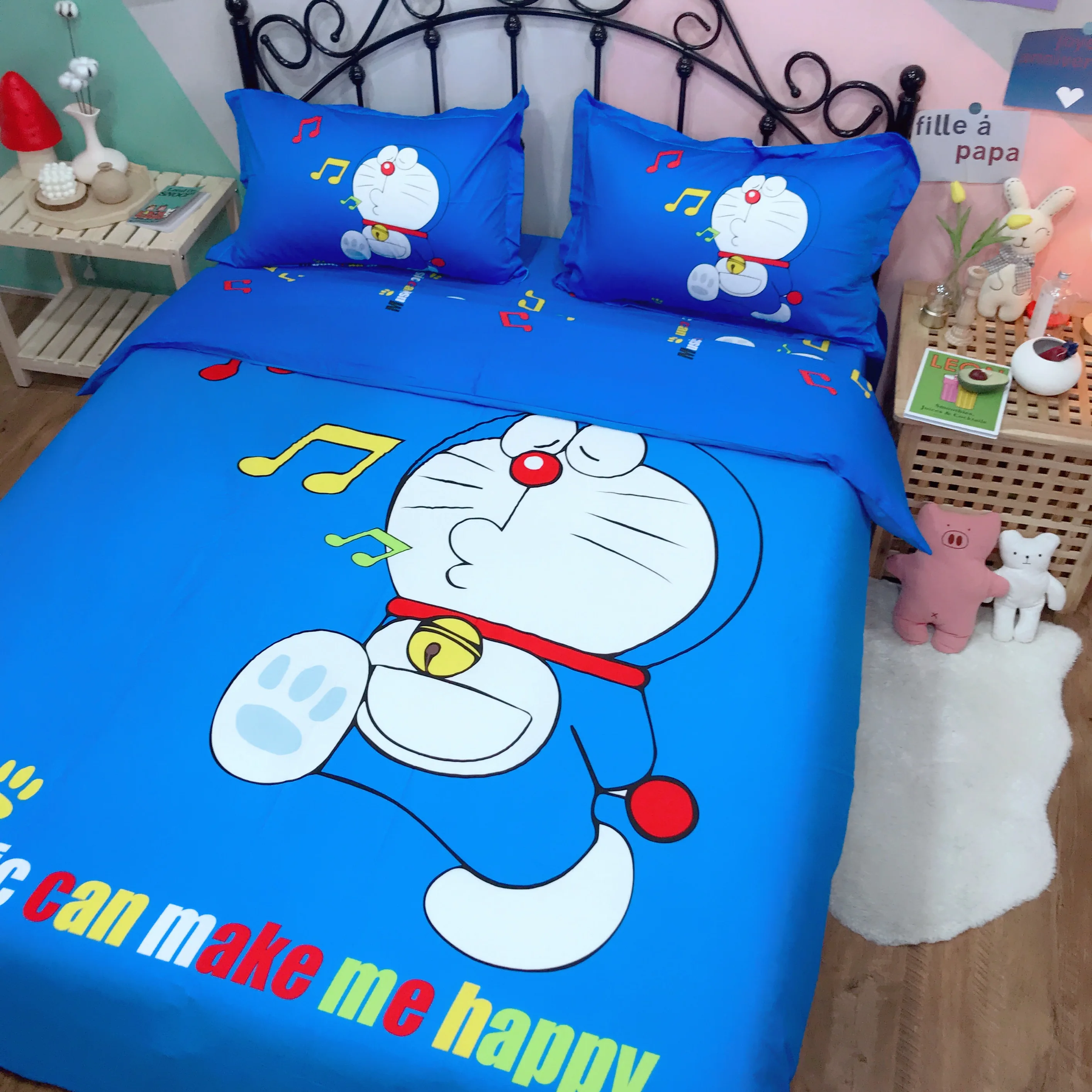 Постельное белье с аниме набор Doraemon Дети чистый хлопковое стеганное одеяло двойной королева король милый пододеяльник плоский лист музыка постельное белье
