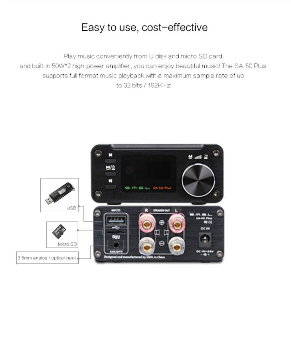 SMSL SA-50 PLUS HiFi 50 Вт 192 кГц/32 бит мини настольный плеер и усилитель поддержка AUX/оптический/USB/Micro SD вход