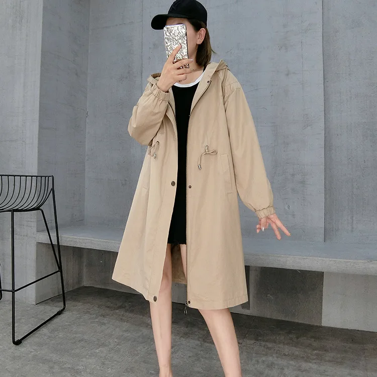 Элегантное женское длинное пальто с капюшоном весна 2018 однотонное регулируемой