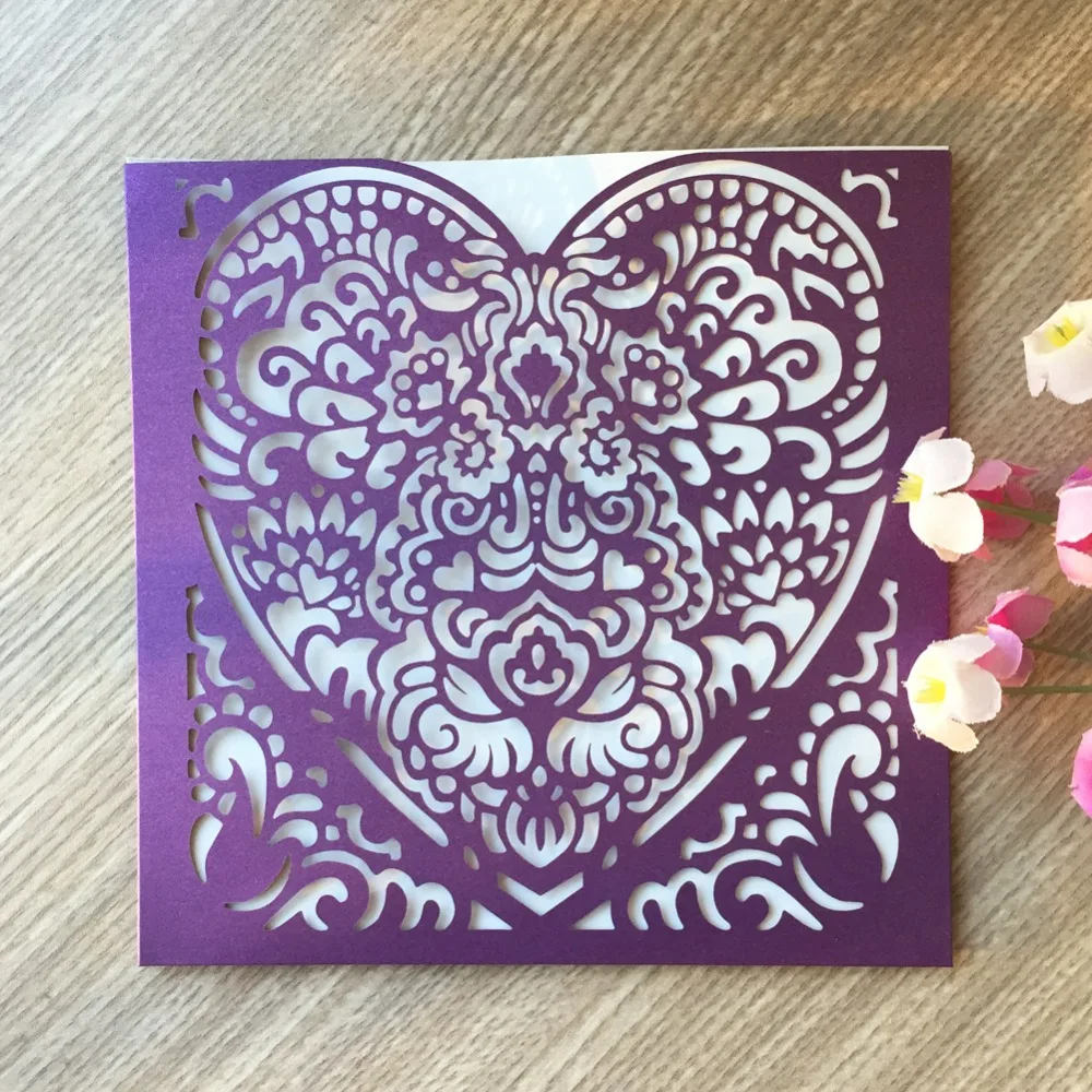 

20pcs Laser Cut Pearl Paper Elegant Hollow Deep Purple Heart Pocket DesignWedding Party Birthday Invitation Card Party Supplies