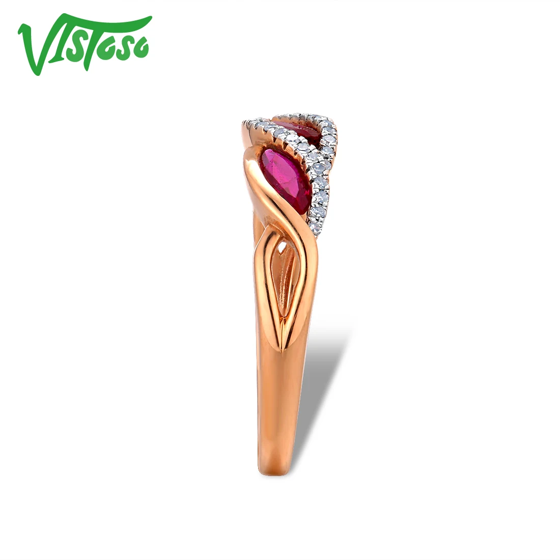 VISTOSO, Настоящее розовое золото 14K585, необычное рубиновое блестящее бриллиантовое кольцо для леди, Свадебное обручальное кольцо, модное роскошное ювелирное изделие