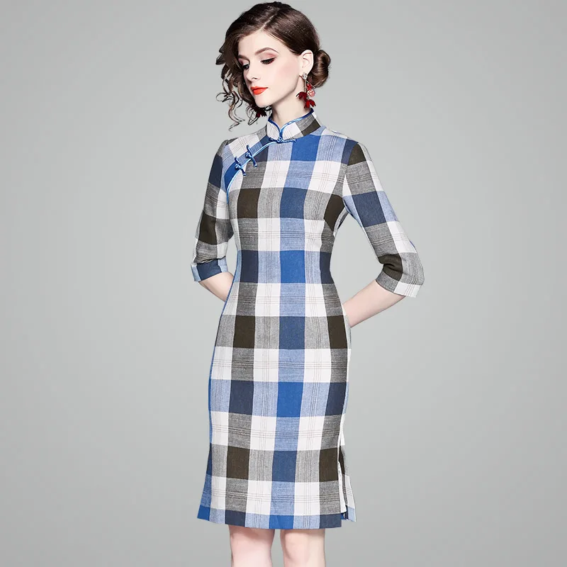 Knee Length Qipao Chinese Dress Traditional Clothing Vintage Fashion Sweet Girl Plaid Cheongsams Women Dresses Vestidos | Тематическая