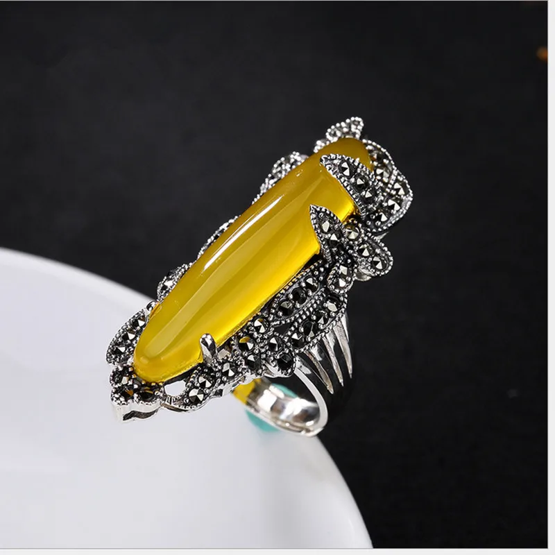 Женское Винтажное кольцо с халцедоном длинное из натурального серебра 925 пробы