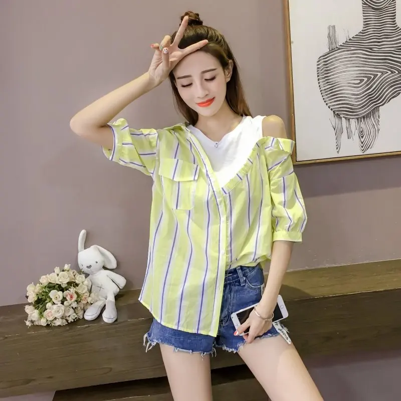 Fashion Pink Short Sleeve Shirt Women 2018 Striped Summer Shirts Loose Casual Tops TTBE008 |