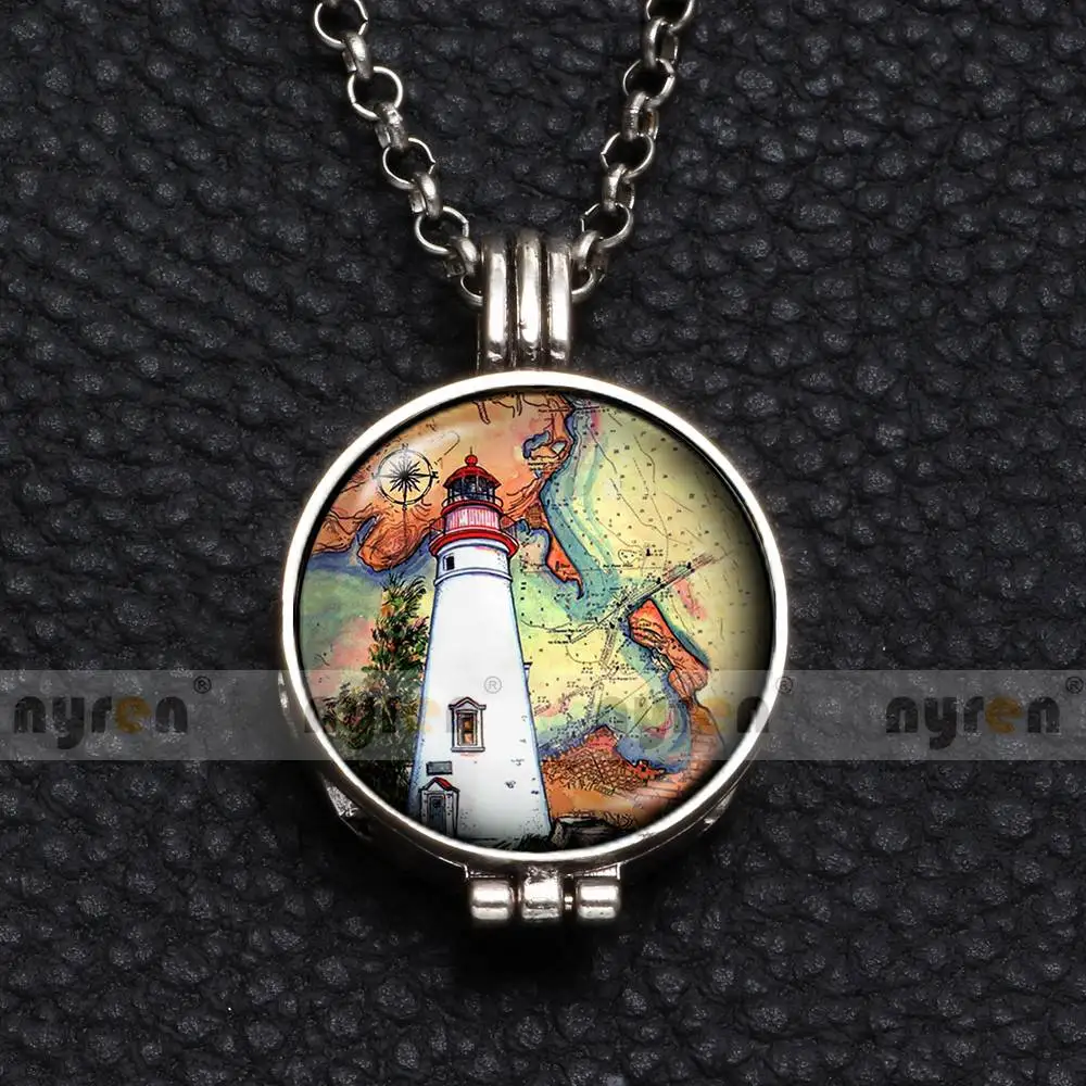 DZ1750a Perfume Aroma Pendant Necklace With Foam 25mm Glass Charms Lighthouse Multi Pattern For Man Women& Girl DZ1750 - Окраска металла: DZ1750a