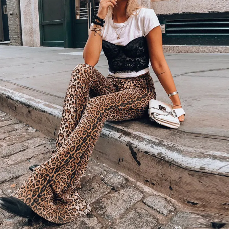 BKLD Autumn Leopard Print Vintage High Waist Flared Trousers Skinny Long Pants Ladies Sexy Bell Bottoms Pantalon Palazzo | Женская
