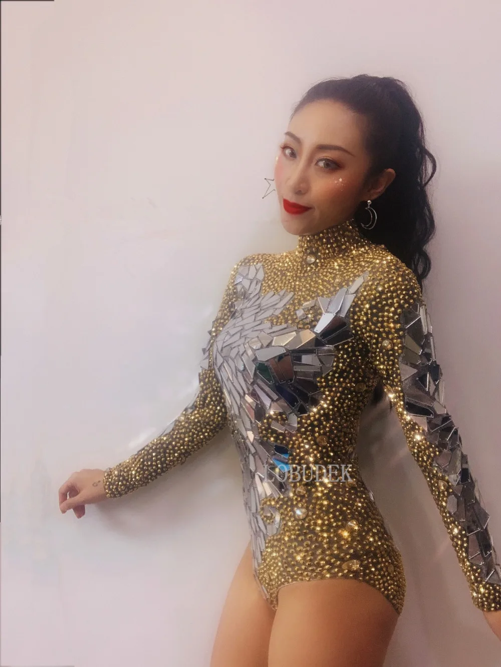 Women Gold Rhinestones Silver Mirrors Long Sleeve Bodysuit Sexy DJ Singer Nightclub Stage Wear Jazz Dance Team Leotard Costumes