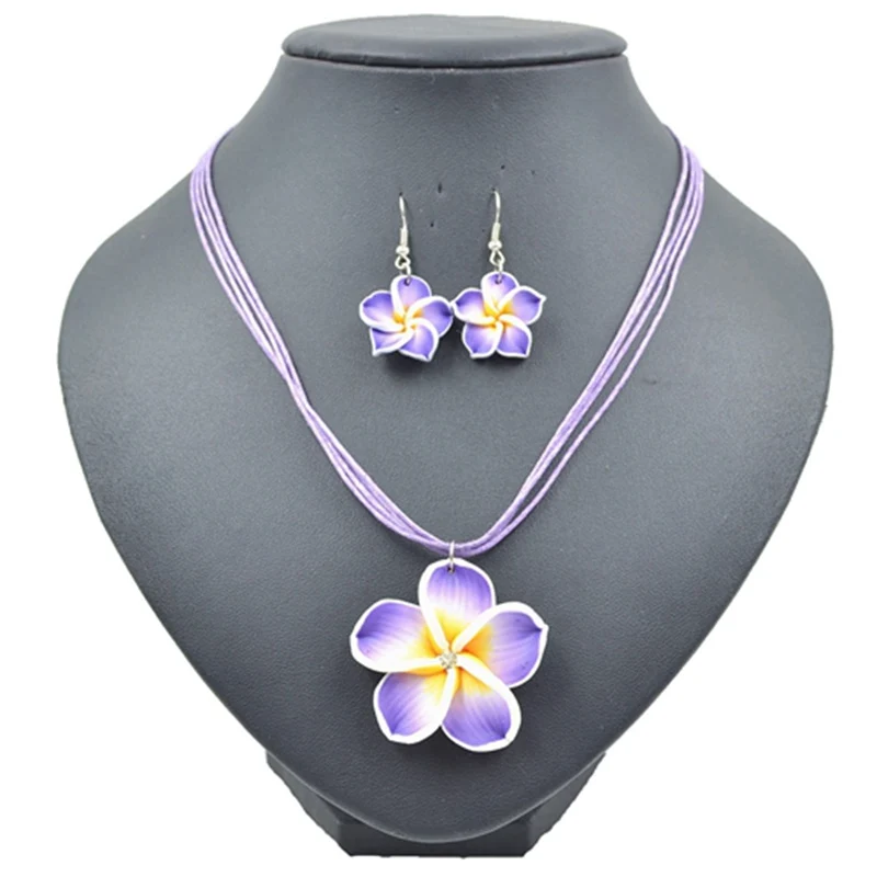 TopHanqi 1set 6color Summer Beach Hawaiian Clay Fimo Frangipani Flower Necklace Earrings Jewelry Sets For Children Girls