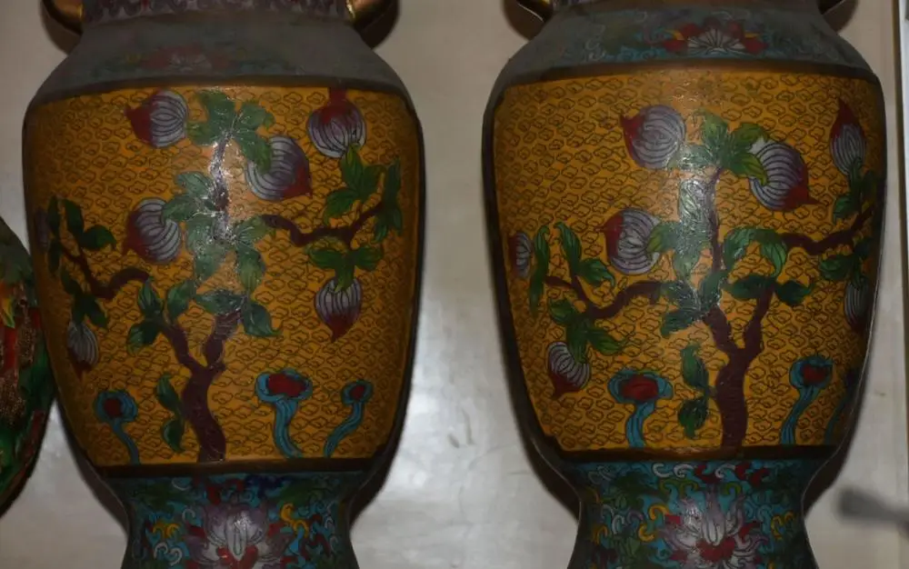 17" Cloisonne Bronze 24K Gold Gilt Peach Tree Phoenix Bottle Vase Flask Pot Pair | Дом и сад