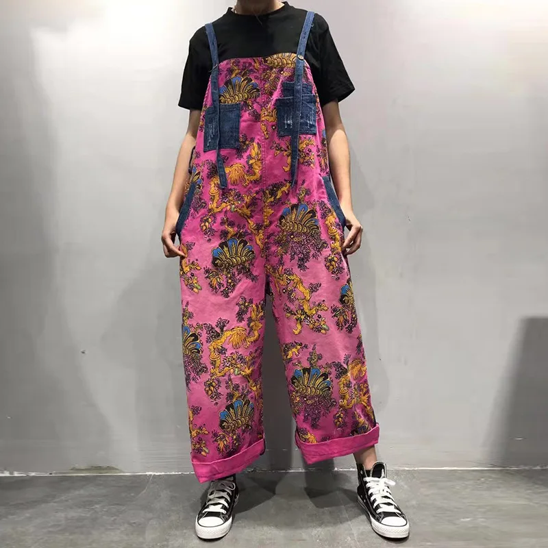 

Summer large size bib female 2019 spring new loose stitching retro printed wide leg suspenders tide