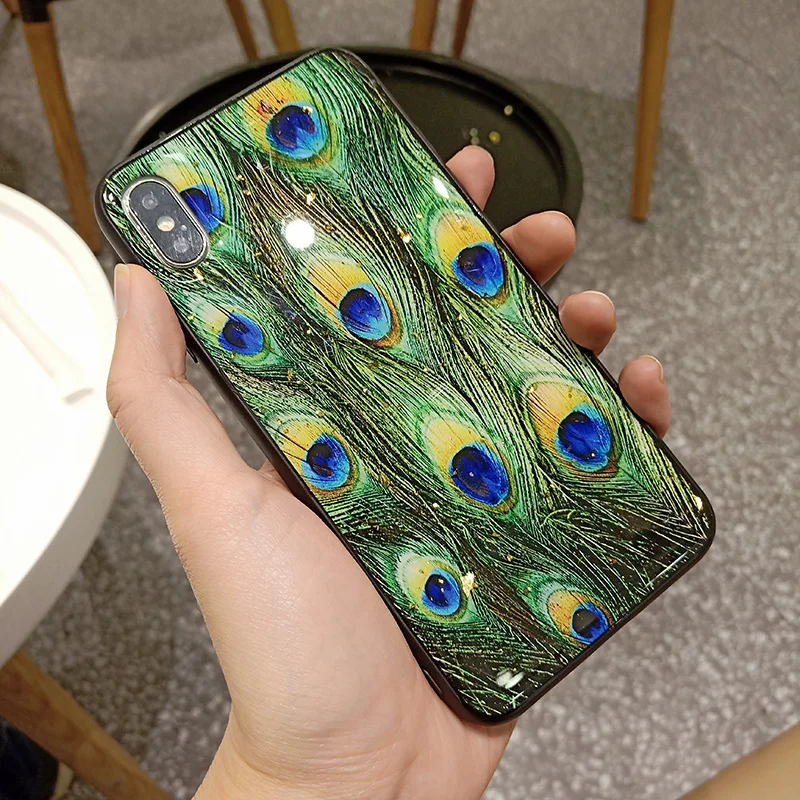Luxury Peacock Feather Case for iPhone X XS Max XR Glossy Hard Capa Fundas 8 7 6 6S Plus Glitter Cover For Girls |