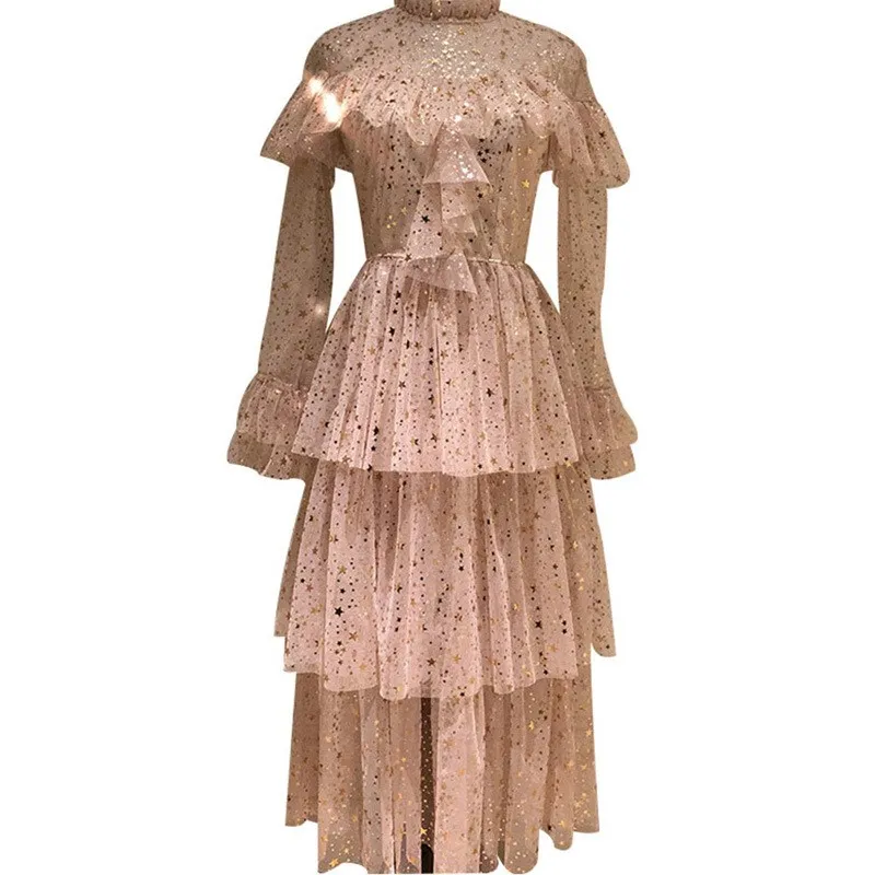 Fashion Women Solid Color Mesh Cake Dress Elegant Flare Sleeve Sweet Star Sequins Ruffles Midi | Женская одежда