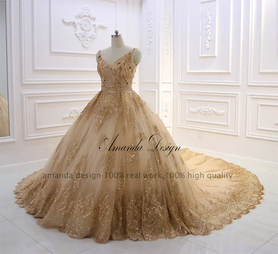Amanda Design abendkleider V-Neck Lace Appliqued Beading Gold Wedding Dress with Wraps
