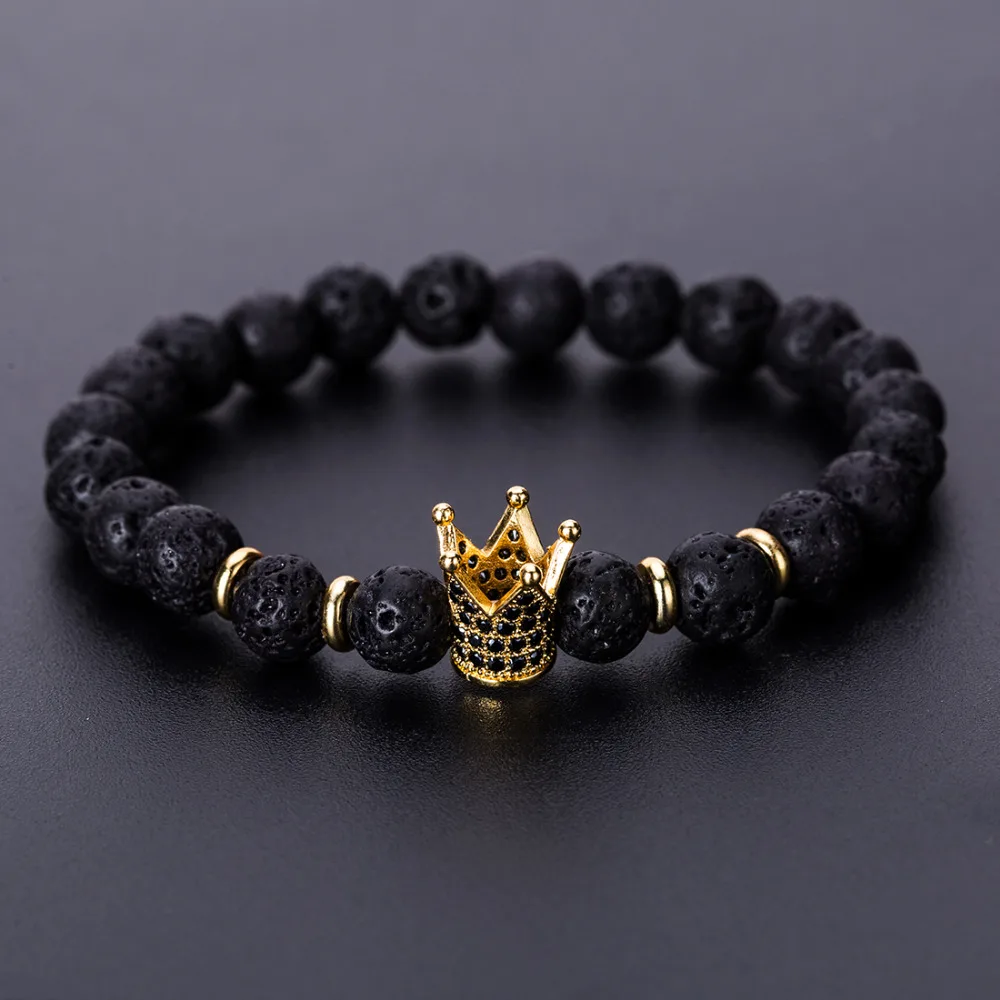 2 шт./компл. черного цвета в стиле «панк» Lave камень Empire Crown браслет набор Для мужчин ручной работы Натуральный камень браслет с бусинами для Для мужчин s, ювелирное изделие для пары
