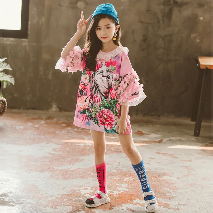 Cute Long T shirts Petals Collar Lace Sleeve Flower Print Cartoon Cat Summer Girls Clothing Dress 4 to 15 years | Детская одежда и
