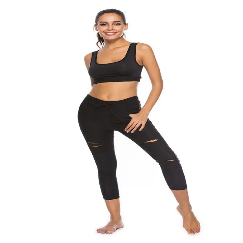 Эластичные длинные спортивные повседневные штаны с дырками модные облегающие