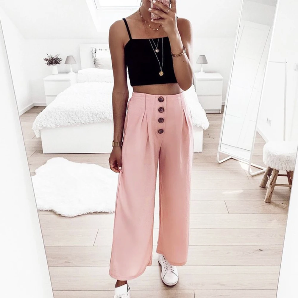 Модные женские брюки палаццо с высокой талией и кнопками свободные широкие