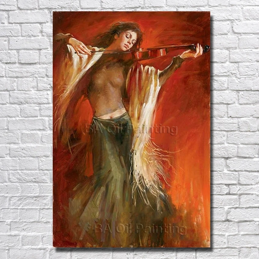 

Cheap High Quality Hand Painted Canvas Art Women Play Violin Oil Paintings Modern Decoration Wall Art Living Room Decor no Frame