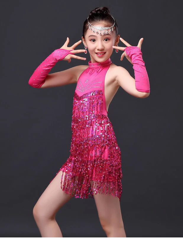 

Детское платье для латиноамериканских танцев, с рукавами и блестками