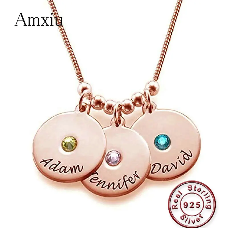 

Amxiu Custom Silver 925 Necklace Jewelry Engrave 1-3 Names with Birthstones Round Pendant Necklace For Women Mom Mother's Gift