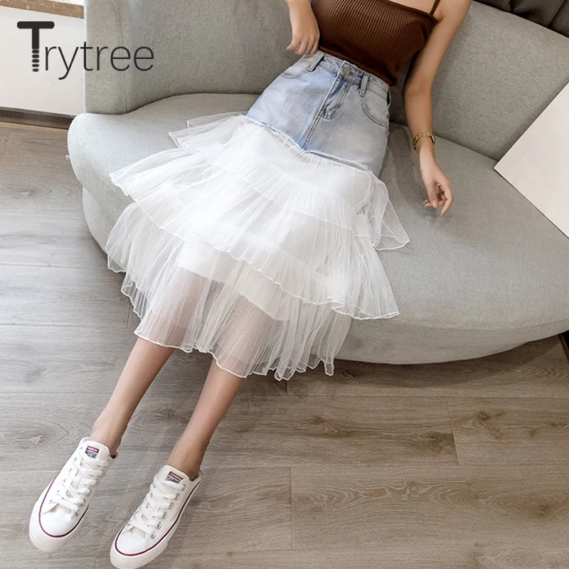 Trytree Летняя женская юбка с каскадными оборками карманами Джинсовая в стиле
