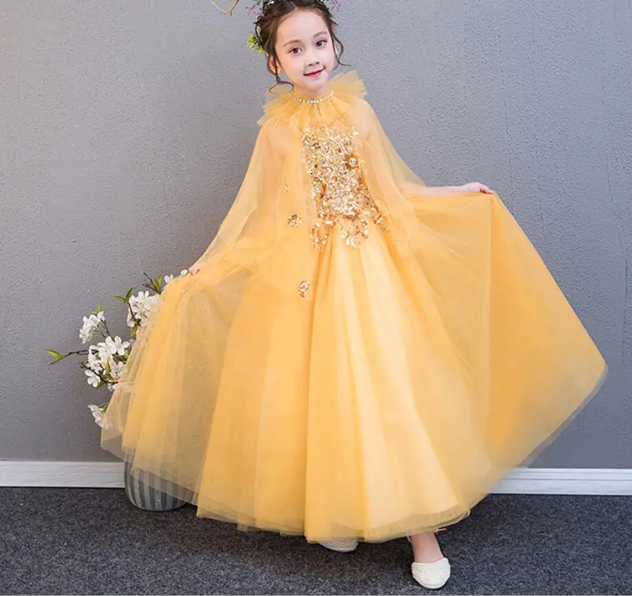 Girls Yellow Glitter Princess Tutu Dress Inspired Kids Rhinestone Wedding A-Line Children Prom Birthday Party HW2395 | Детская одежда и