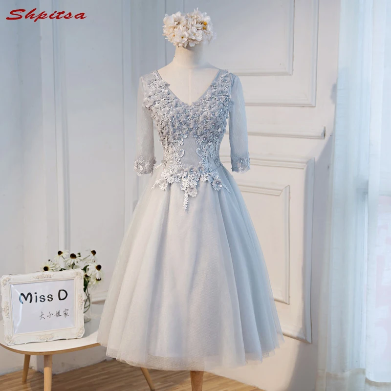 

Grey Long Sleeve Short Lace Cocktail Dresses Womens Prom Coctail Dress for Party jurk vestidos de coctel renda