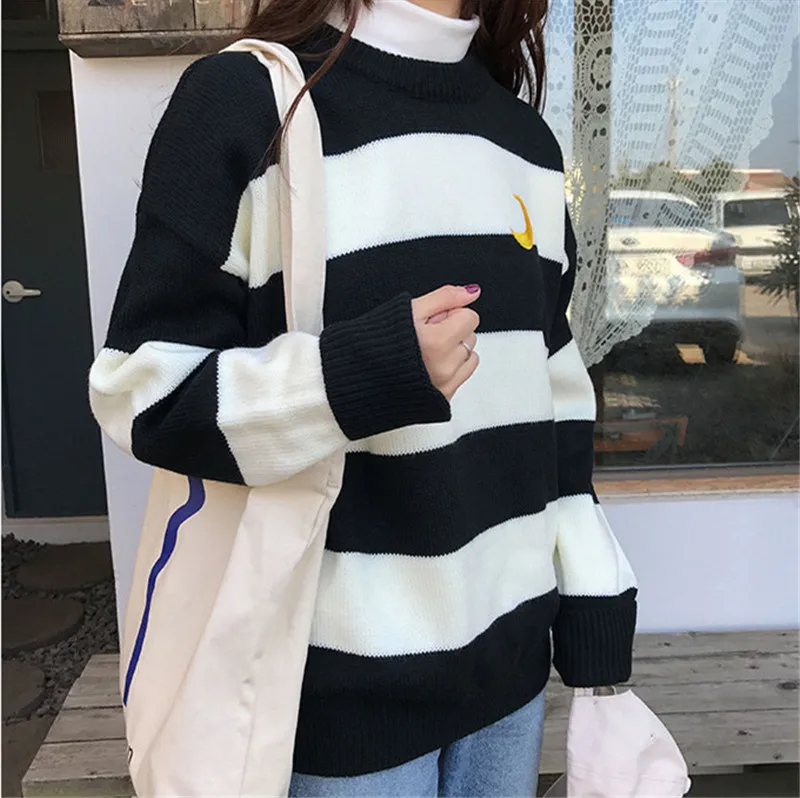 Женский свободный свитер Kawaii Ulzzang колледжа ярких цветов в полоску с Луной наборы