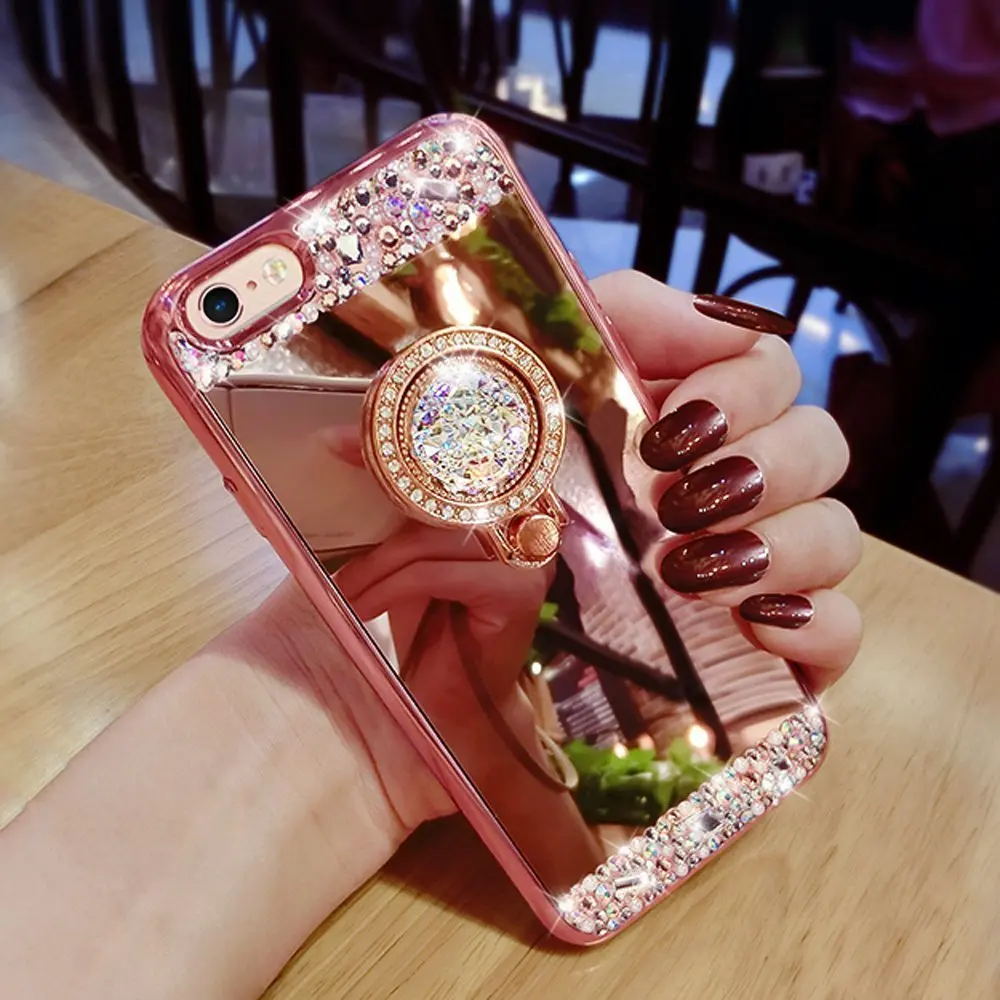 Роскошный кристалл rhinestone bling диаманта блеск зеркало case кольцо подставка для xperia c5