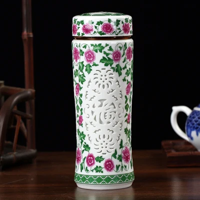 Двухэтажный термос с керамической изоляцией Celadon бизнес чашка с резным узором термальная Вакуумная бутылка для воды - Цвет: P