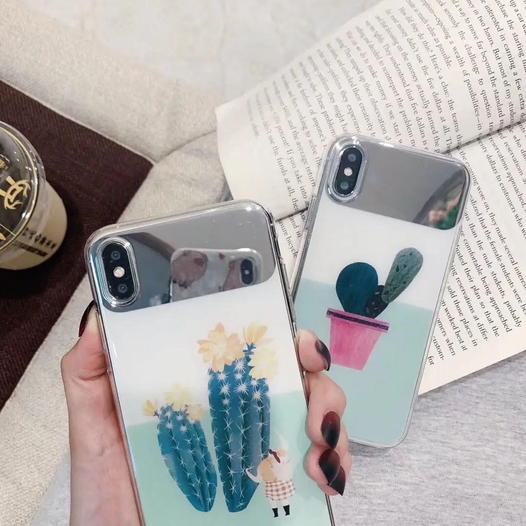 Green Fresh Painted Cactus Mirror Case for Iphone Xs Max Retro Glossy Clear Tpu Silicon Xr 6s 7 8plus Back Cover |