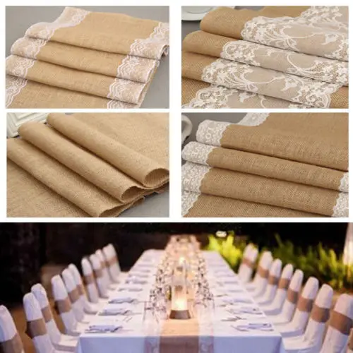 Hessian Burlap настольный бегун Weding широкий цветок кружева натуральный деревенский